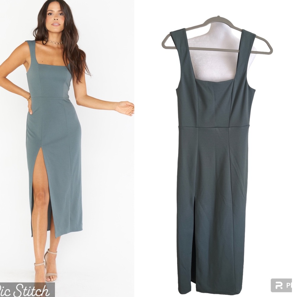 Show Me Your MuMu Midi Eden Dusty Sage Green Small w/ Slit Dress Square Neck